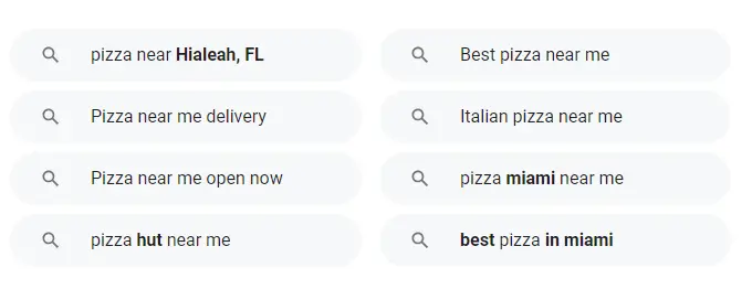 Google Autocomplete Results for "pizza near me" Keyword